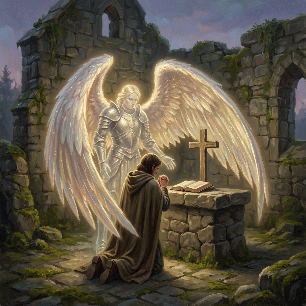 Angel guarding a praying figure